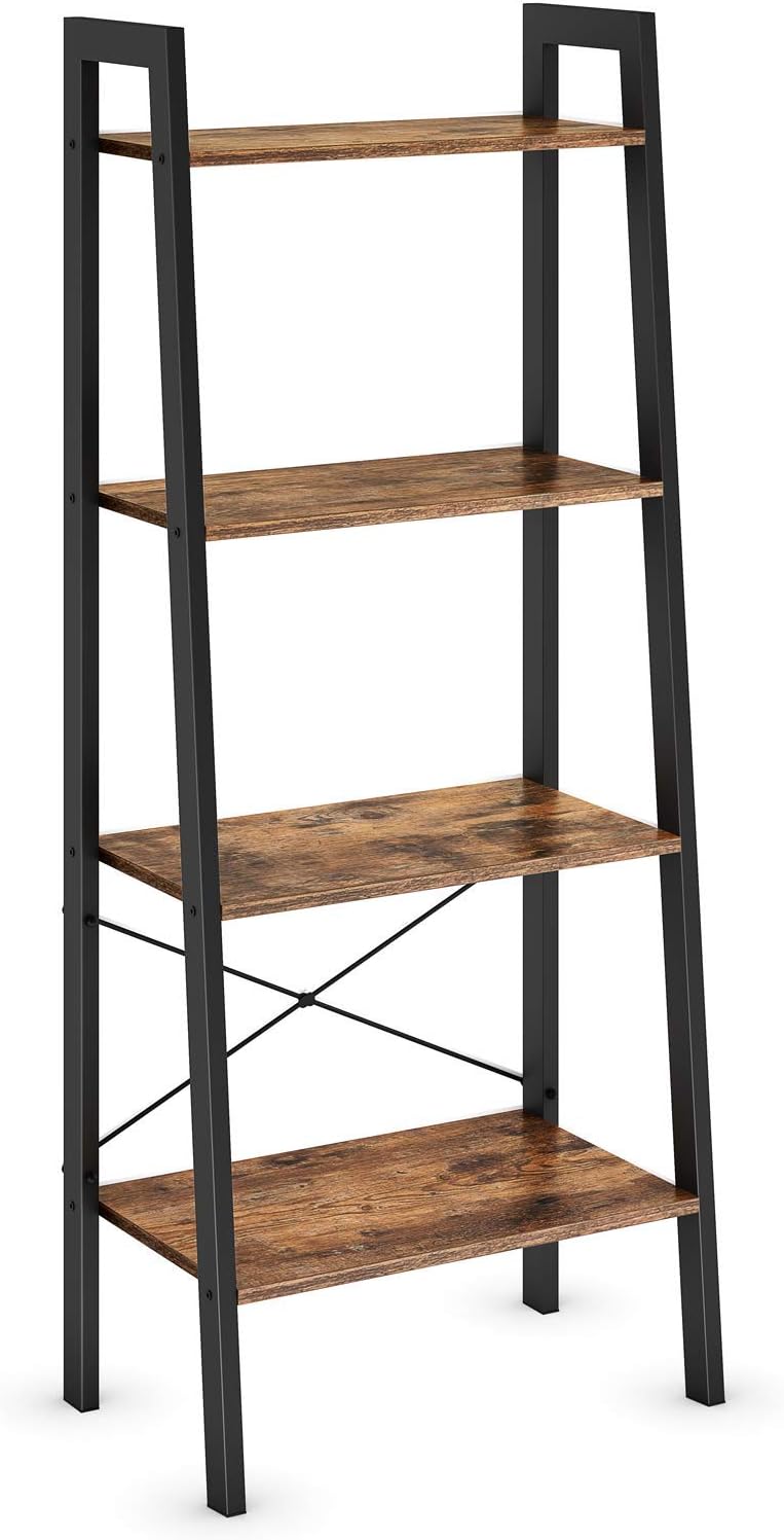 Ladder Shelf Bookcase, 4-Tier Bookshelf, Leaning Plant Stand, Storage Rack, Display Shelves with Steel Frame, Industrial Style for Living Room, Home Office, Kitchen, Bedroom - Rustic Brown and Black