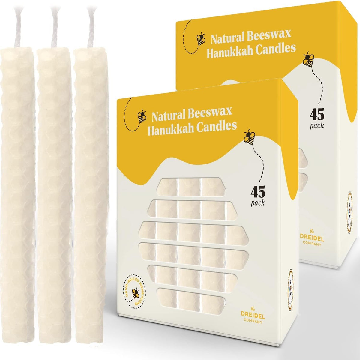 The Dreidel Company 24-Pack Hand Rolled Hanukkah Candle Natural Honeycomb Beeswax White, 45 Minute Burn Time, 45 Candles for All 8 Nights of Chanuka