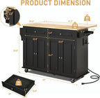 Hlivelood 55" Movable Kitchen Island with Drop Leaf and Power Outlet, Rolling Cart with Storage Cabinet, Island Table on Wheels for Kitchen with 2 Drawers, Spice Rack, Towel Bar, Garage Hook, Black