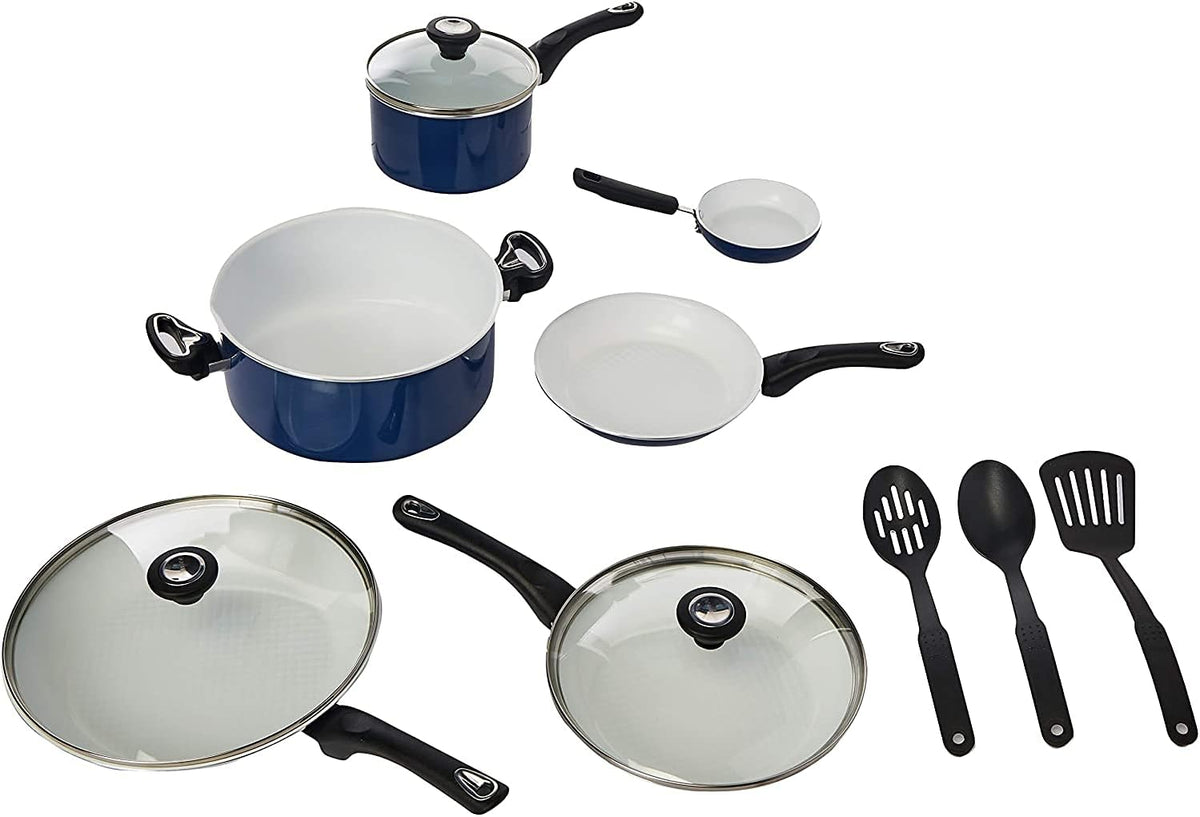 Farberware 17490 Ceramic Dishwasher Safe Nonstick Cookware Set / Pots and Pans Set - 12 Piece, Blue