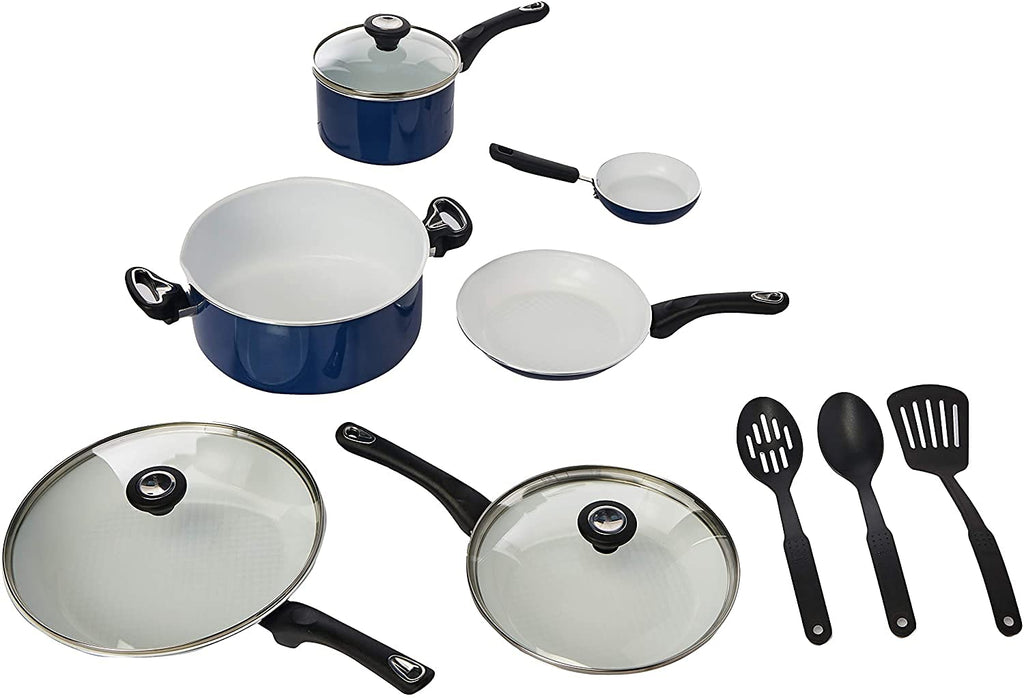 Farberware 17490 Ceramic Dishwasher Safe Nonstick Cookware Set / Pots and Pans Set - 12 Piece, Blue