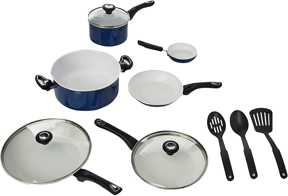 Farberware 17490 Ceramic Dishwasher Safe Nonstick Cookware Set / Pots and Pans Set - 12 Piece, Blue