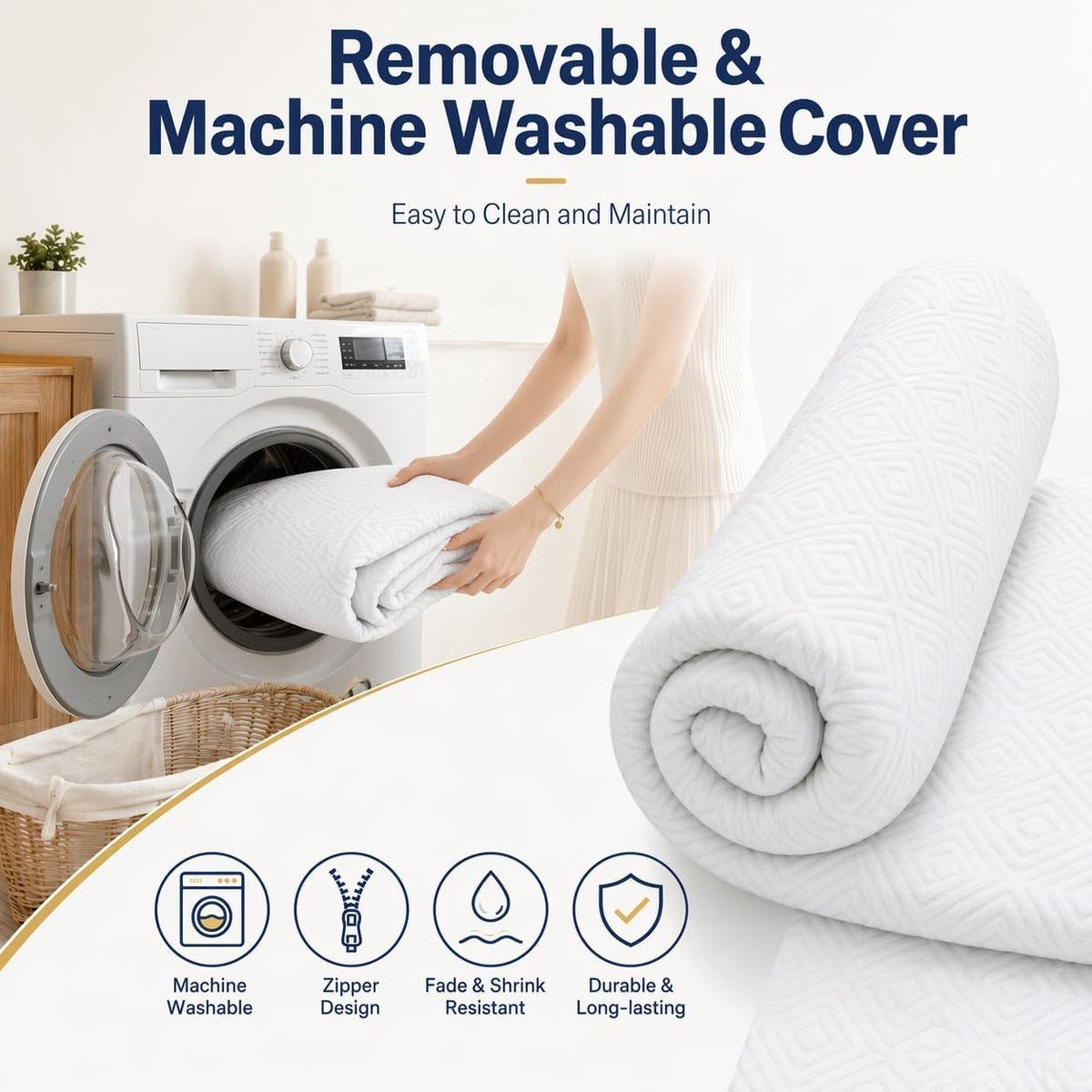 BedsPick Twin XL Mattress Topper, 3 Inch Gel Memory Foam Topper for Dorm & College Students, Foam Pad with Non-Slip Washable Cover & Adjustable Straps, Pressure Relief, CertiPUR-US Certified, White