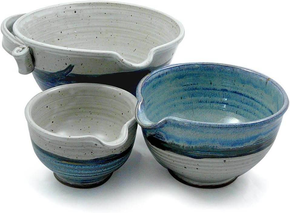 Stoneware Pottery Batter Bowls, 3-Piece Nesting Set, French Blue Glaze