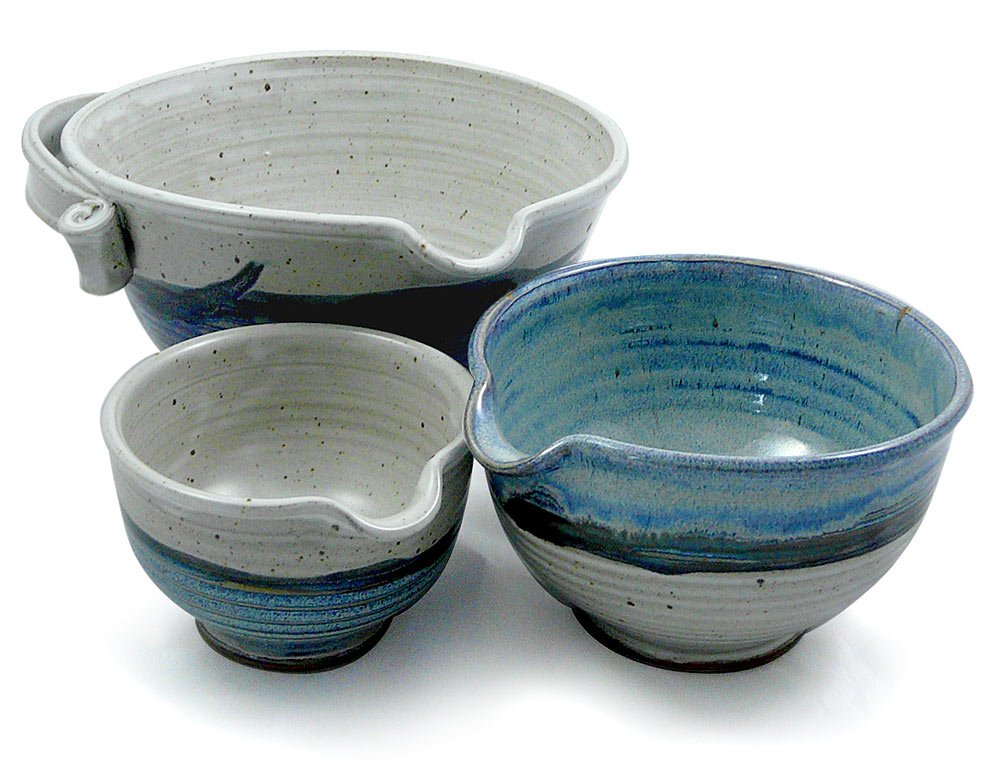 Stoneware Pottery Batter Bowls, 3-Piece Nesting Set, French Blue Glaze