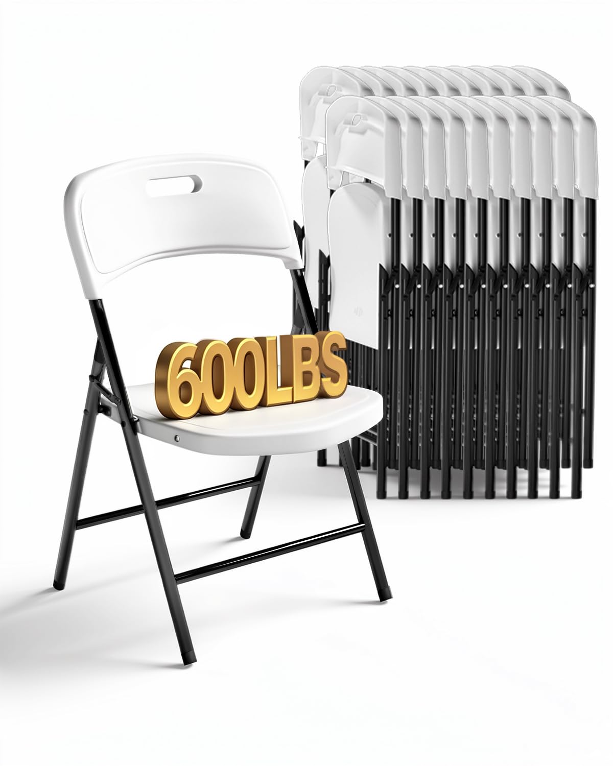 Folding Chairs, 600lbs Capacity, Heavy-Duty Commercial Stackable Plastic Foldable Chairs for Indoor/Outside, Office, Kitchen, Party, Patio(White, 10 Pack)
