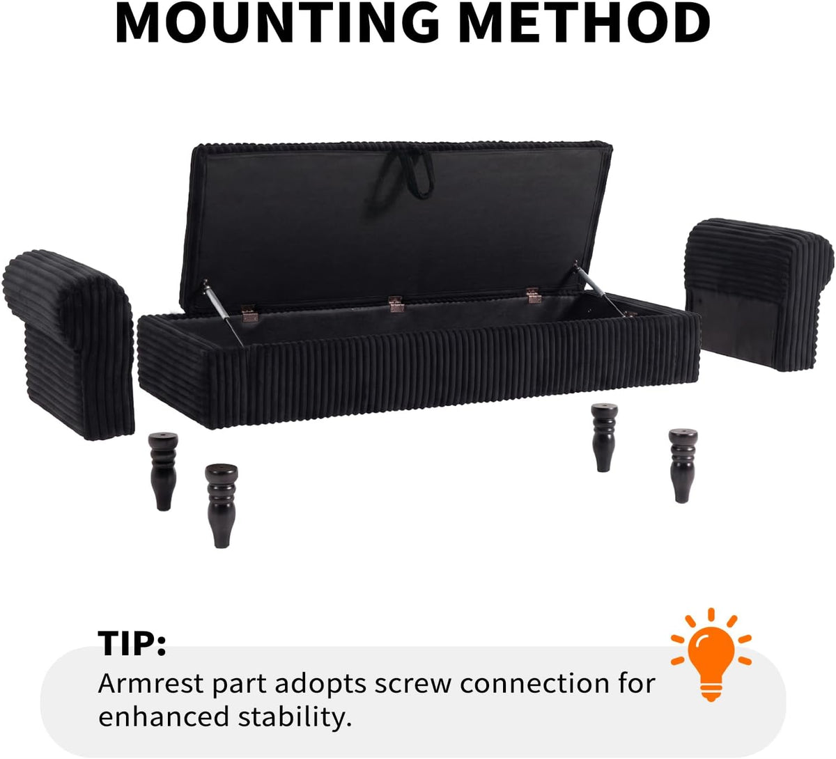 60" Corduroy Storage Bench, Queen End of Bed, Black