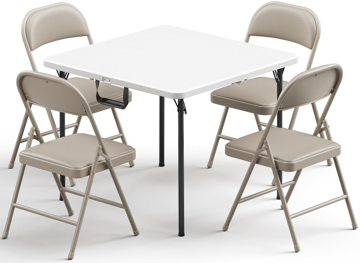 Folding Table and Chairs Set for 4, 36 Inch Foldable Card Table with Carrying Handle & 4 PU Leather Padded Folding Chairs, Portable Indoor Outdoor Dining Table Set for Picnic, Camping, RV, Game Night