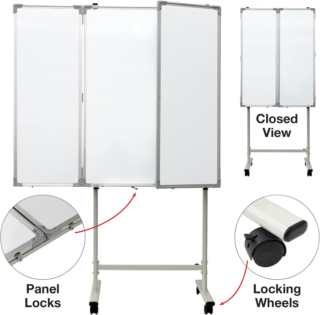 Excello 40” x 60” Mobile, Folding Whiteboard on Wheels with Magnetic Surface and Flip-Out Marker Tray