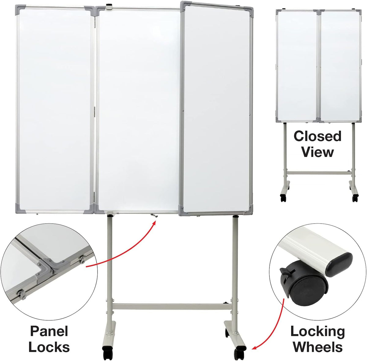 Excello 40” x 60” Mobile, Folding Whiteboard on Wheels with Magnetic Surface and Flip-Out Marker Tray