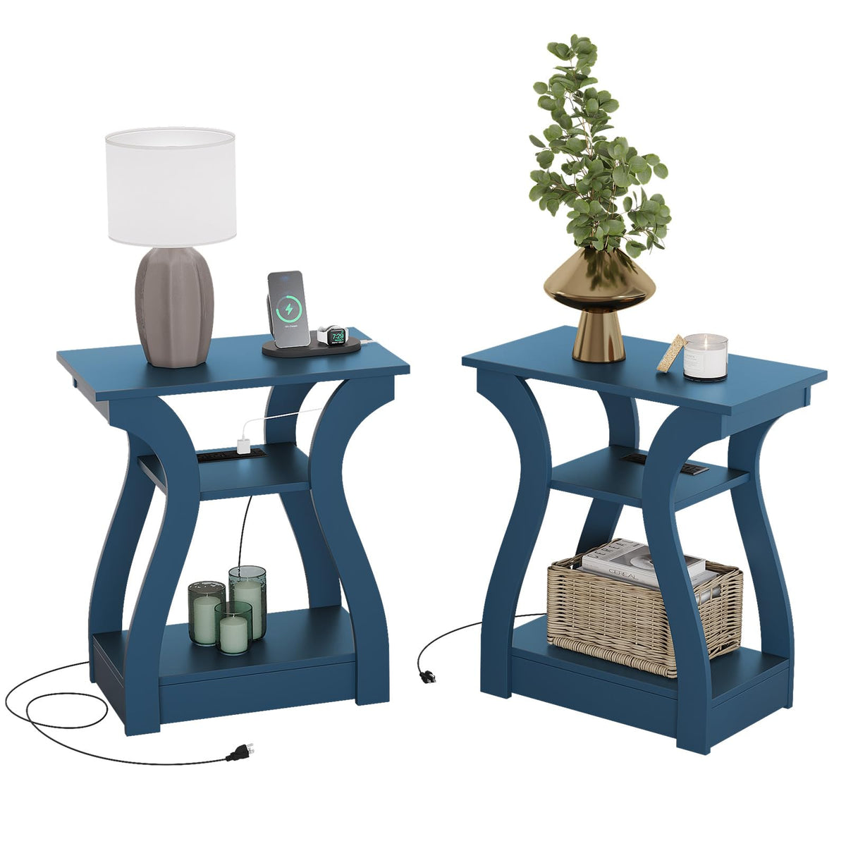FROMJBEST End Tables Living Room Set of 2 with Charging Station, Black