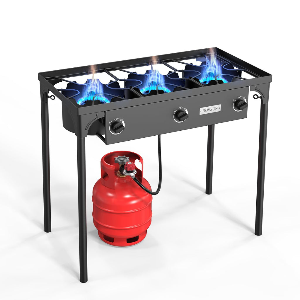 ROVSUN 3 Burner Outdoor Propane Gas Stove with Windscreen, 2 Shelves & Bag