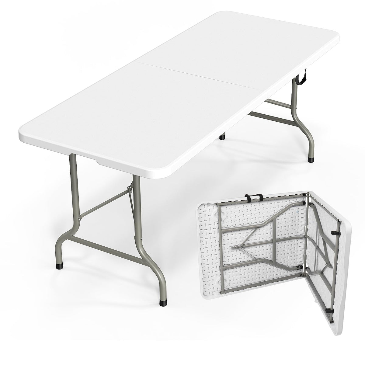 Bonnlo 2P Folding Table 6ft, Portable Collapsible Plastic White Long Tables for Party, Camping, Banquet, Craft, Dining, Wedding, Outdoor and Indoor Use