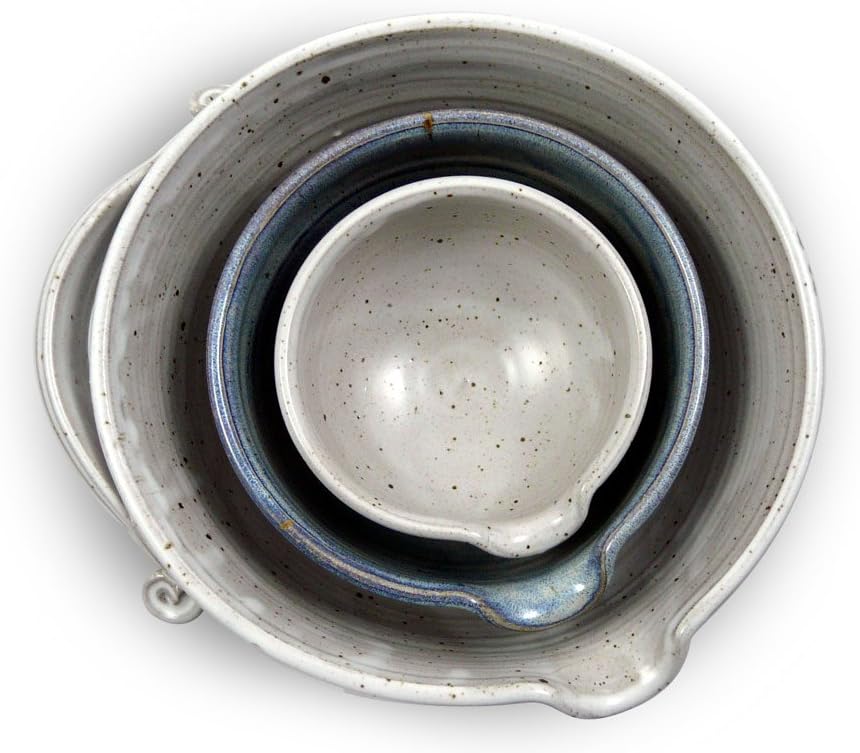 Stoneware Pottery Batter Bowls, 3-Piece Nesting Set, French Blue Glaze
