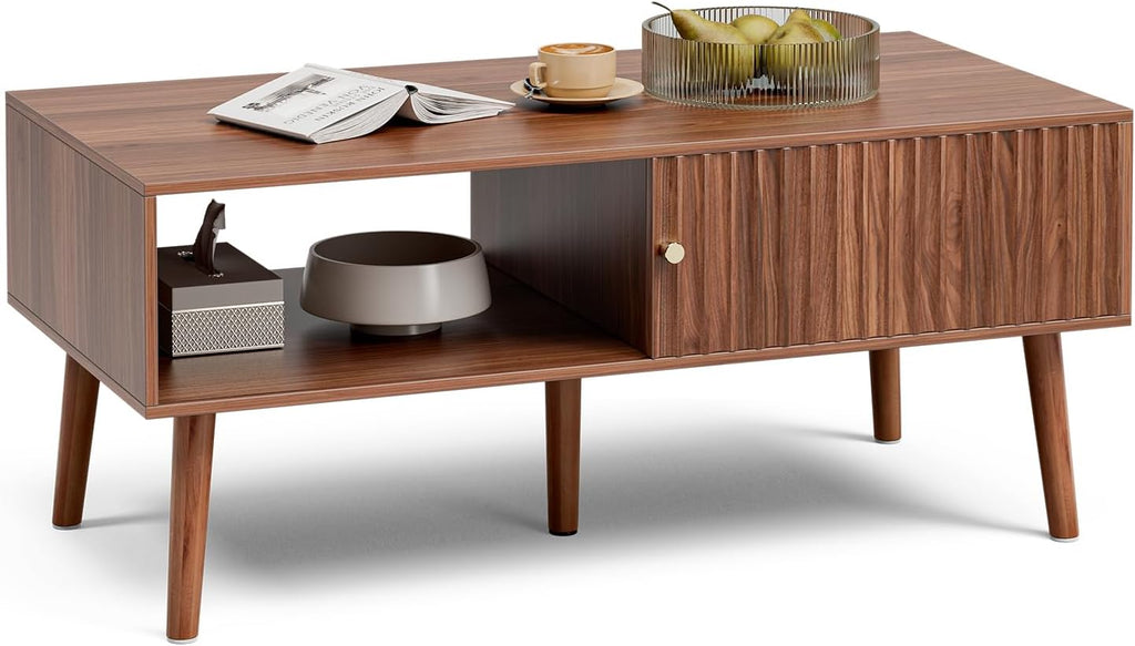 LCRBOL Coffee Table with Fluted Sliding Door, Mid-Century, Walnut