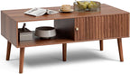 LCRBOL Coffee Table with Fluted Sliding Door, Mid-Century, Walnut