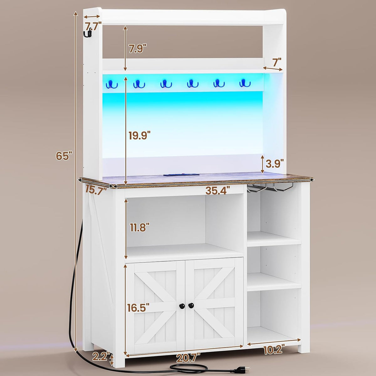 Itaar 35.4 inch Bakers Rack with Power Outlet and Storage, Farmhouse Coffee Bar Cabinet, Microwave Stand Kitchen Cabinet with Hutch, LED Lights, Wine Glass Holder and 8 Hooks，White