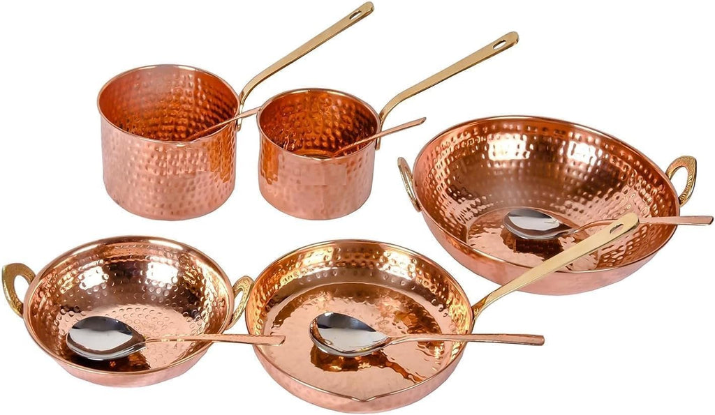 Pure cooper Cookware Set 10 Piece Set with Serving Spoon (Copper Sauce Pan Set | Copper Kadhai Set | Fry Pan) with Brass Handle for Cooking Purpose