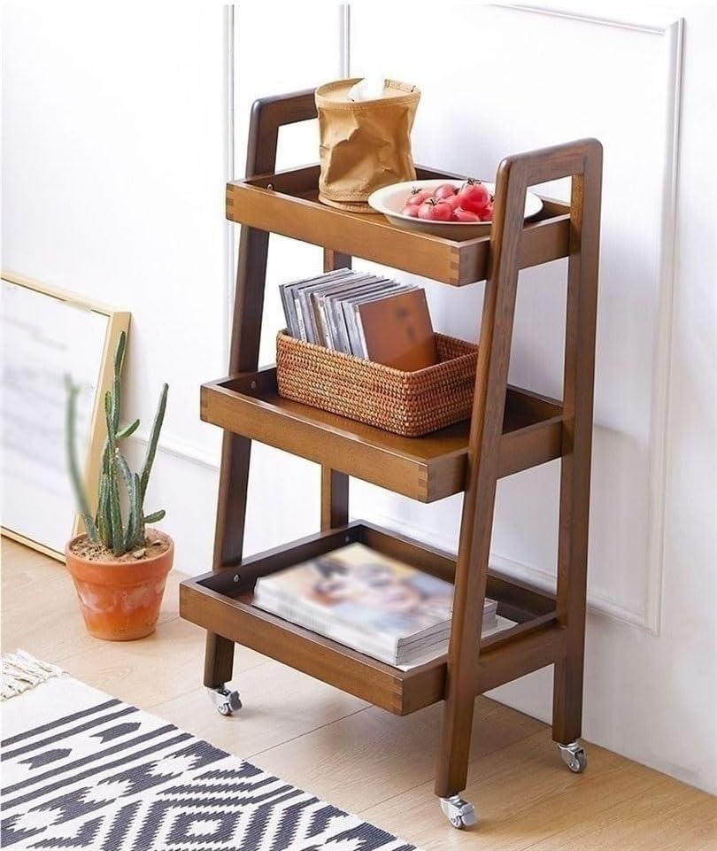 3-Tier Floor Bookcase, Solid Wood Ladder Shelf with Wheels, Side Table for Living Room, Craft Cart Fit in Kitchen, Narrow Space, Ladder Bookshelf with Handle(Brown)