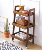 3-Tier Floor Bookcase, Solid Wood Ladder Shelf with Wheels, Side Table for Living Room, Craft Cart Fit in Kitchen, Narrow Space, Ladder Bookshelf with Handle(Brown)