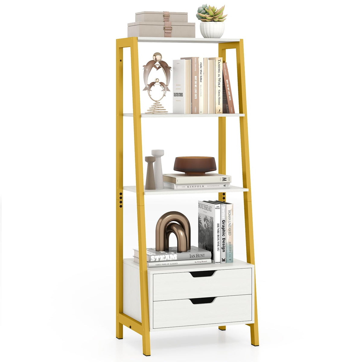 GIANTEX 4-Tier Bookshelf with 2 Drawers Set of 2, Modern Ladder Bookshelf w/Storage, Sturdy Metal Frame, Anti-toppling Devices, Display Standing Shelf Unit, Freestanding Bookcase, Rustic Brown