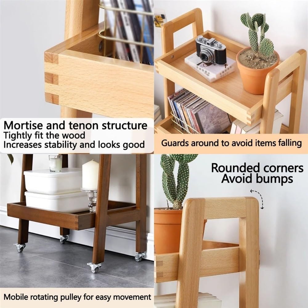 3-Tier Floor Bookcase, Solid Wood Ladder Shelf with Wheels, Side Table for Living Room, Craft Cart Fit in Kitchen, Narrow Space, Ladder Bookshelf with Handle(Brown)