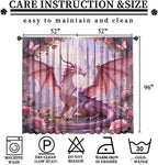 Dreamy Pink Wildlife Dragon Curtains-Fantasy Medieval Castle Rod Pocket Back Tab Window Drapes,Mythological Dragon Floral Roses Thermal Insulated Blackout Curtain,2pcs,Each 52“W x 96”L