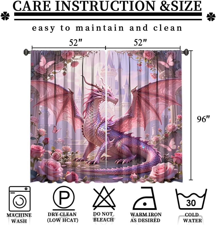 Dreamy Pink Wildlife Dragon Curtains-Fantasy Medieval Castle Rod Pocket Back Tab Window Drapes,Mythological Dragon Floral Roses Thermal Insulated Blackout Curtain,2pcs,Each 52“W x 96”L