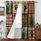 Rustic Farmhouse Cabin Blackout Curtains for Living Room, 96 Inch Long 2 Panels, Woodland Animal Bear Deer Curtains, Retro Country Style Patchwork Plaid Bedroom Window Drapes Treatment