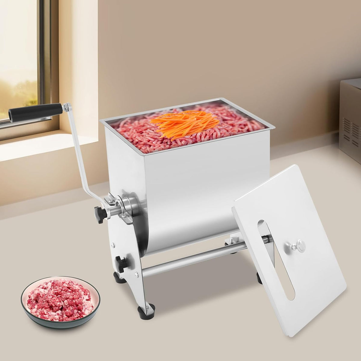 Manual Meat Mixer 22lbs capacity Stainless Steel Hand Crank Meat Mixer with 90° Tilting Tank & Removable Paddle for Sausage Processing