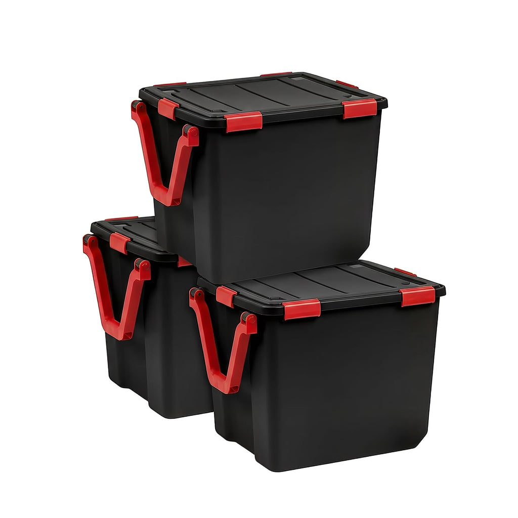 IRIS USA 4-Pack 74 Qt Storage Bins with Gasket Lids, Black/Red