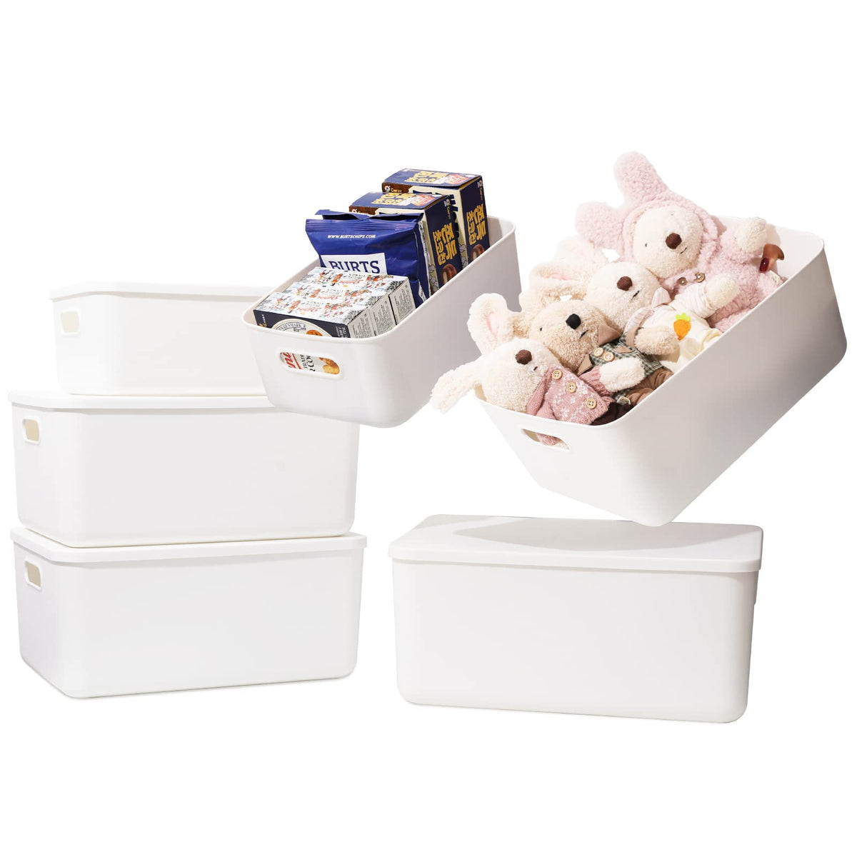 Yishyfier Plastic Storage Baskets Bins Boxes With Lids,Organizing Container White Storage Organizer Bins For Shelves Drawers Desktop Playroom Classroom Office,6-Pack(4XL+2L)