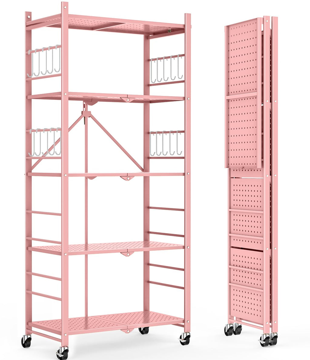 Himix 5-Tier Foldable Storage Shelves with 20 Hooks Wheels Kitchen Black