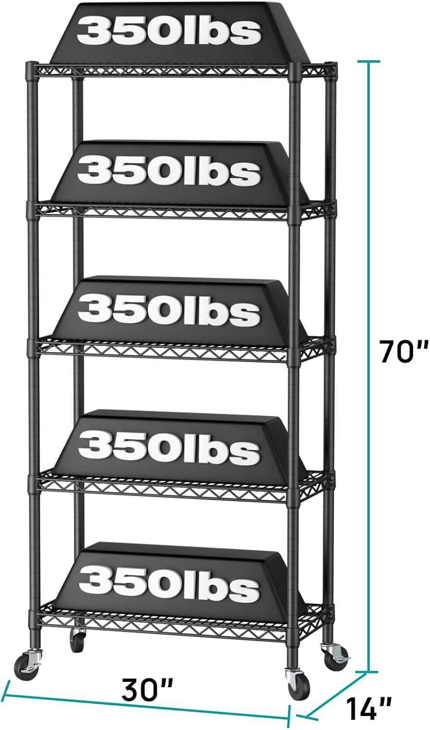 SINGAYE 5 Shelves Storage Wire Shelf Closet Metal Shelving Pantry Wheels