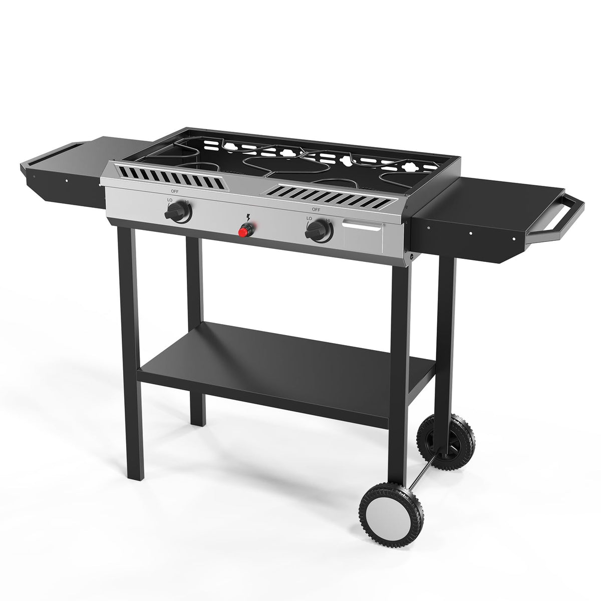 Bonnlo 2-in-1 Propane Stove and Griddle, Iginition Outdoor Gas Cooker with Storage Shelf and Portable Wheels, 2 Burner Camping Stove with 150000BTU Output for Backyard Cooking BBQ Frying and Boiling