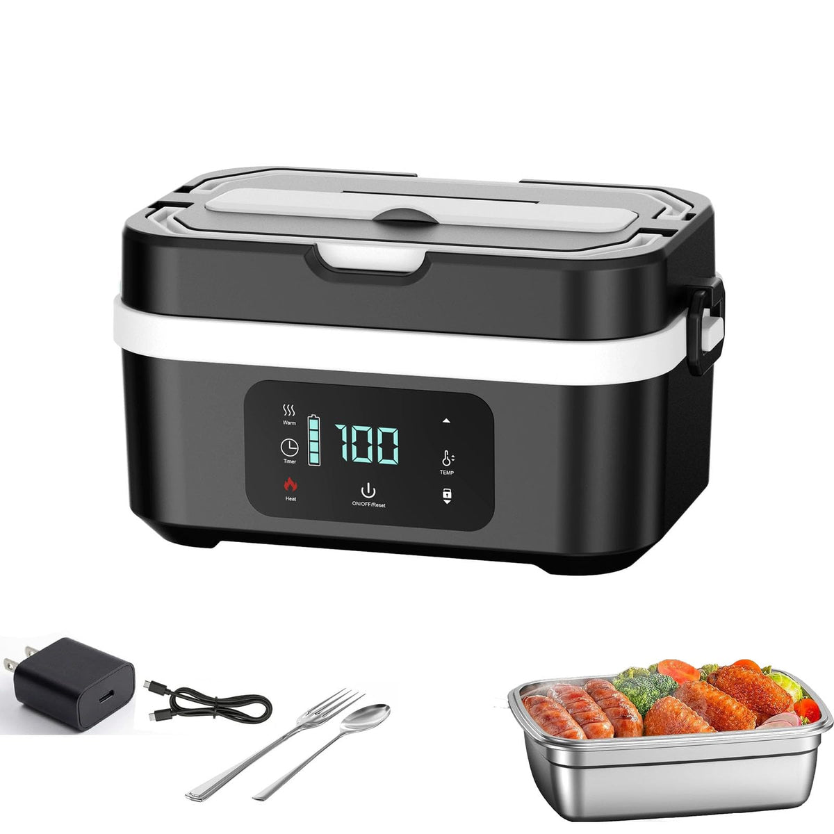 Cordless Heated Lunch Box, 30,000mAh Rechargeable Electric Lunch Box with Automatic Heatings Timer & Adjustable Heating, 5.7 Cup Portable Food Heater Warmer Office Car Outdoor (Pink)