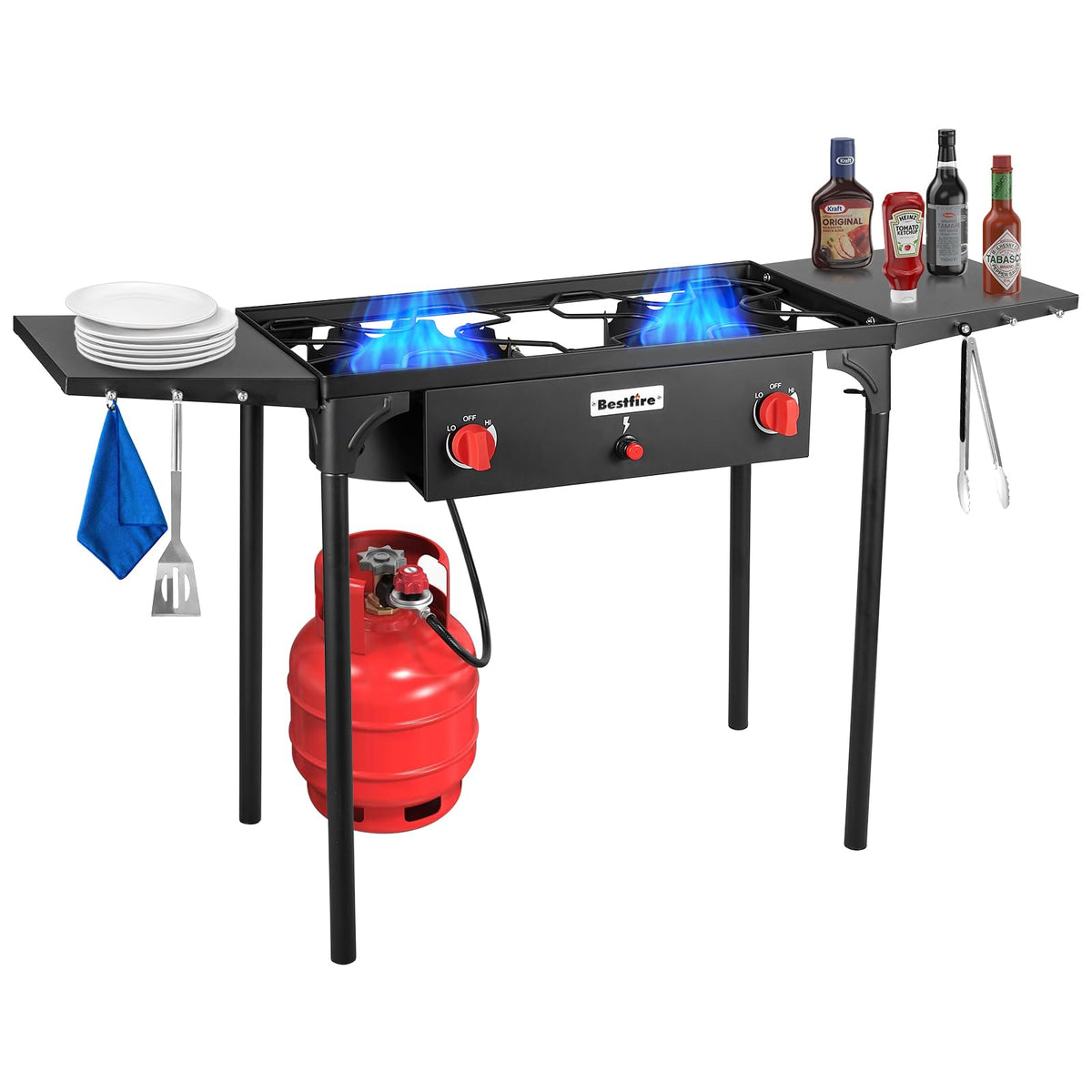 Bestfire 150,000 BTU 2 Burner Propane Camping Stove with Auto Ignition, Windpanel, Portable Outdoor Gas Cooker with Removable Legs, Side Shelves for Camping, BBQ