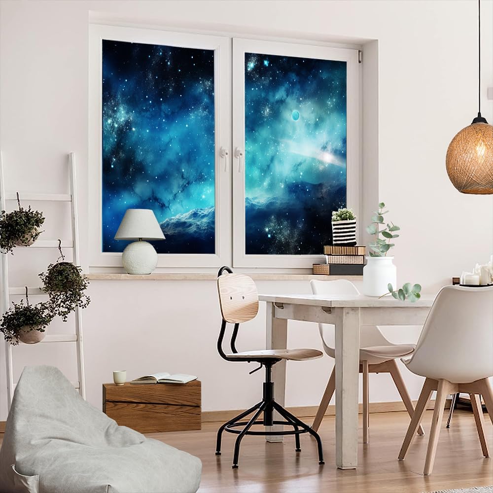 Abstract Universe Privacy Window Film Blue Galaxy Mysterious Planet Stained Glass Window Coverings Adhesive Sticker Frosted Window Film for Home Office Stores 31.5Wx47.2L-inch x2 Pcs