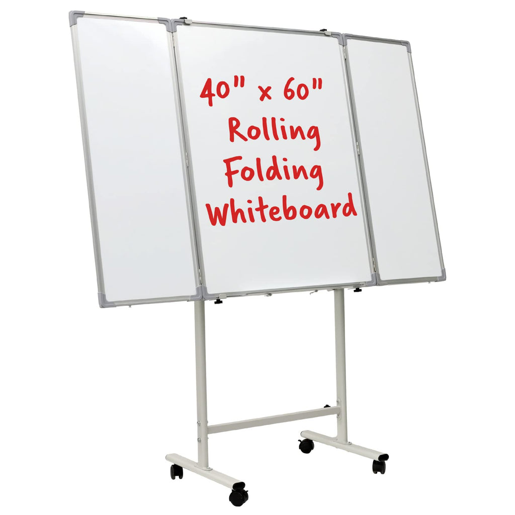 Excello 40” x 60” Mobile, Folding Whiteboard on Wheels with Magnetic Surface and Flip-Out Marker Tray