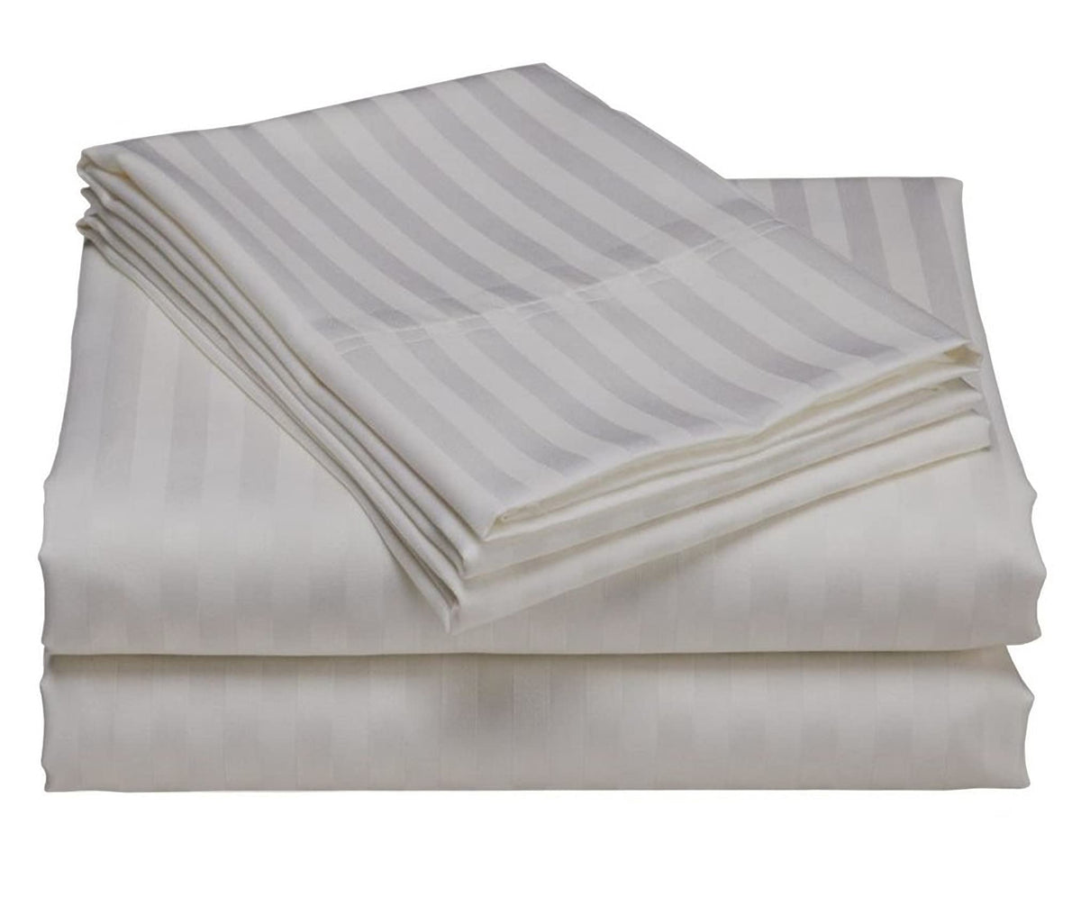 USA Short Queen Sheet Set in Sage Green Stripe 400 Thread-Count 100% Egyptian Long Staple Cotton, Sateen Weave for Soft and Silky Feel, Breathable 4-Piece Bedsheet, Elasticized 24'' Extra Deep Pocket