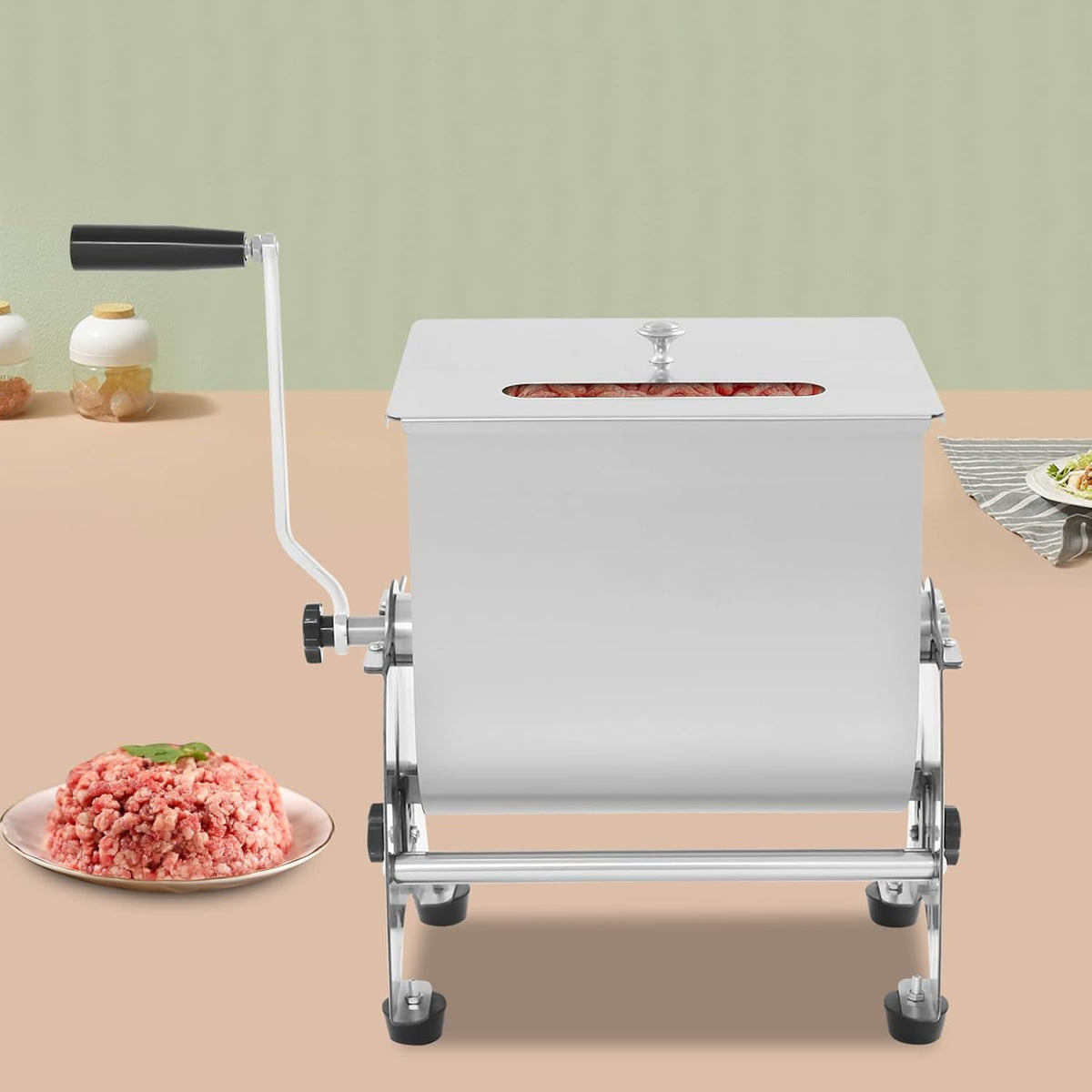 Manual Meat Mixer 22lbs capacity Stainless Steel Hand Crank Meat Mixer with 90° Tilting Tank & Removable Paddle for Sausage Processing