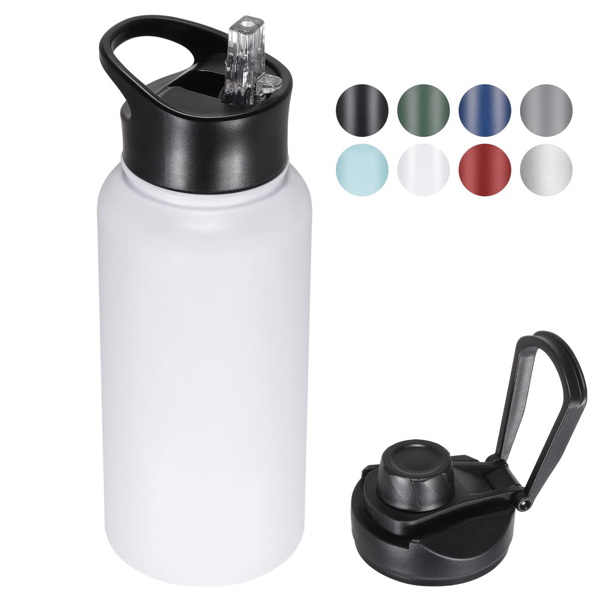 32 oz Insulated Water Bottle Bulk 8 Pack, Stainless Steel Sports Water Bottles with Straw Lid & Wide Mouth Lids, Double Walled Vacuum, Leak Proof, White