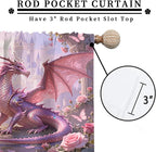 Dreamy Pink Wildlife Dragon Curtains-Fantasy Medieval Castle Rod Pocket Back Tab Window Drapes,Mythological Dragon Floral Roses Thermal Insulated Blackout Curtain,2pcs,Each 52“W x 96”L
