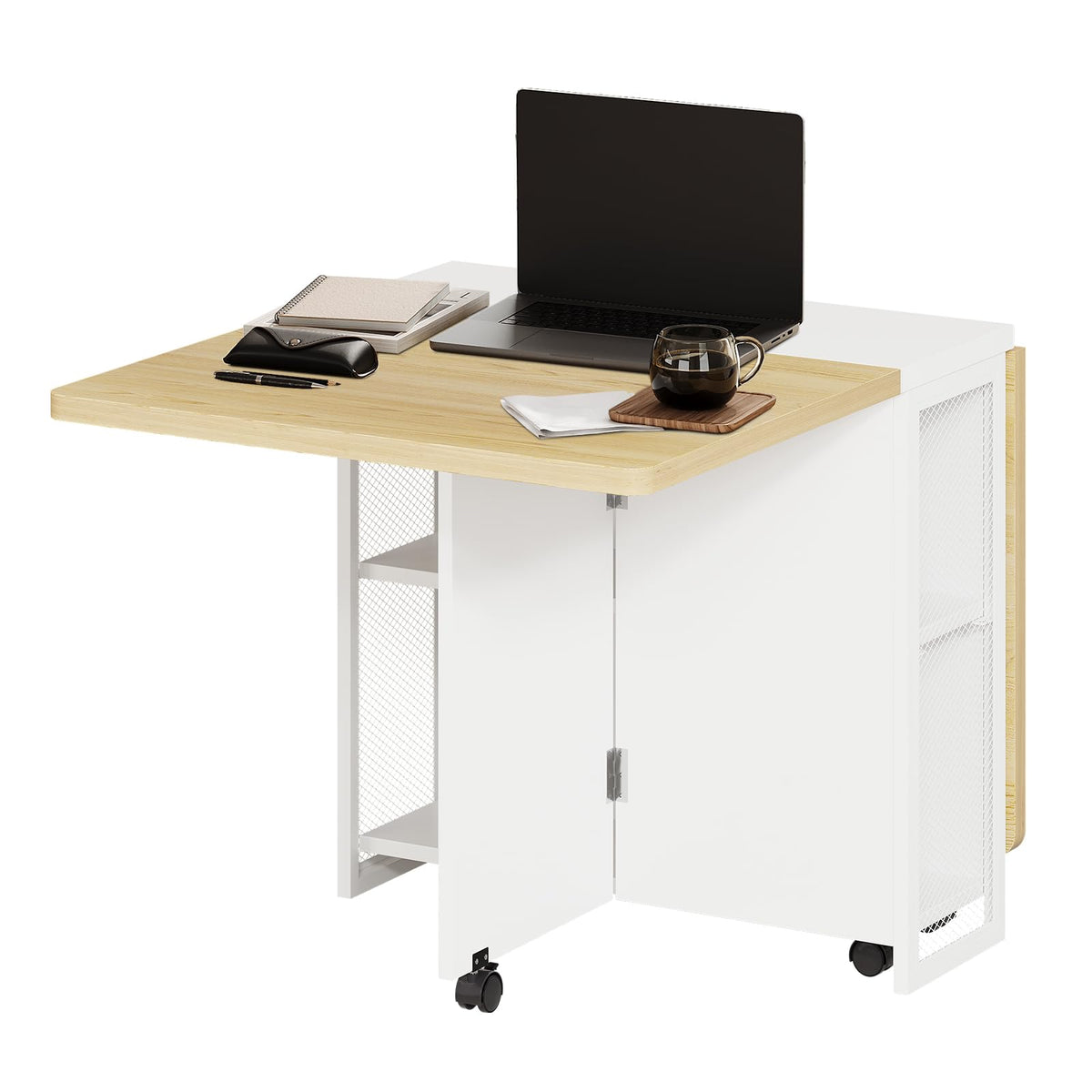 IDEALHOUSE FoldingTable, Drop Leaf Dining Table with 6 Wheels and 2-Layer Storage Shelf, Space Saving Table for Small Spaces (Dark Walnut, 50.1" D x 31.4" W x 29.5" H)