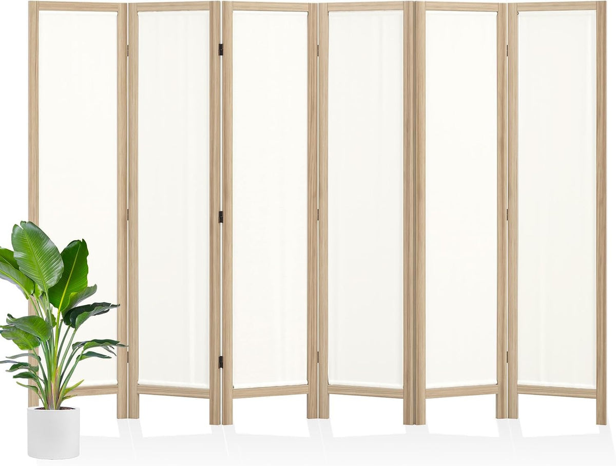 Linen Room Divider Privacy Screen, Foldable Wood Frame Partition Room Dividers with Removable Linen Fabric Curtain, Room Divider Panel, Zero Assembly for Home, Office, or Studio Natural 6 Panel