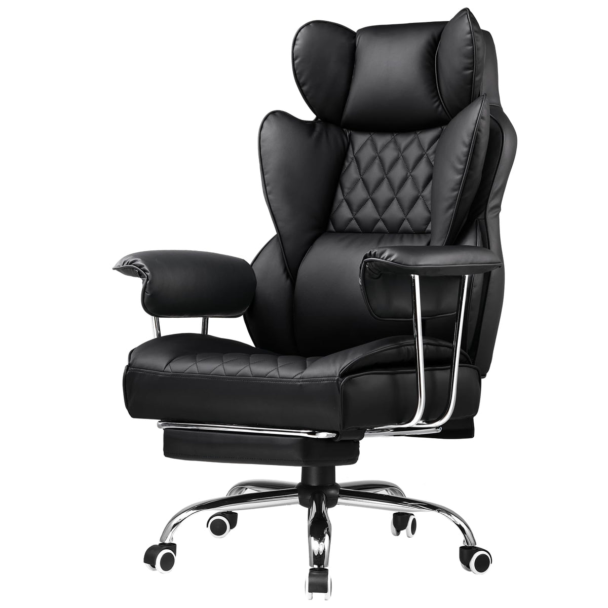 COMHOMA Big and Tall Office Chair, High Back Leather Gaming Chair with Footrest, Executive Ergonomic Office Chair with Pocket Spring Lumbar Support and with Outward Fixed Soft Armrests