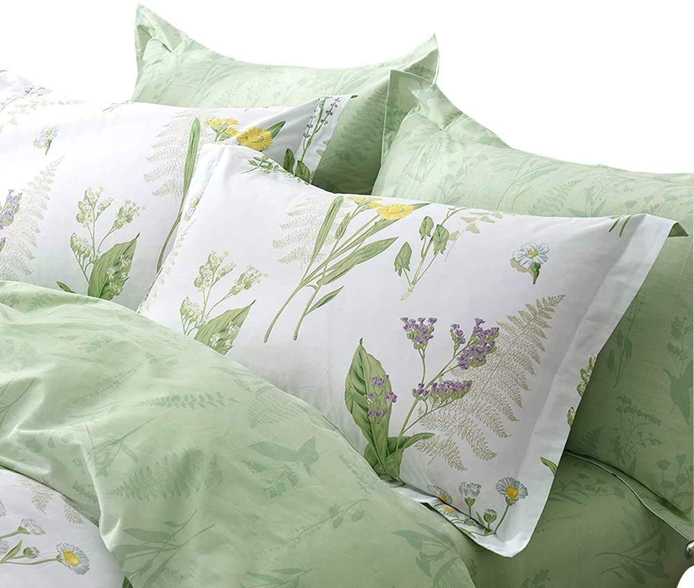 FADFAY Floral Duvet Cover Set 100% Cotton Green Striped and Beige Bedding White Flower Branches Print 600 TC Soft Reversible Zipper Bed Cover & 2 Pillowcases,King/Cal King(106x92)