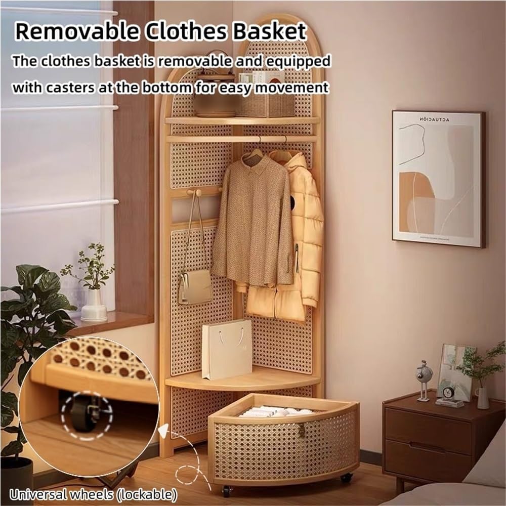 Freestanding Entryway Coat with Hooks, Boho Floor Standing Clothes Rack with Shoes Shelf, Rattan Clothes Rack Corner for Bedroom, Living Room, Hallway 17''x17''x76''(Khaki A)