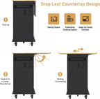 Hlivelood 55" Movable Kitchen Island with Drop Leaf and Power Outlet, Rolling Cart with Storage Cabinet, Island Table on Wheels for Kitchen with 2 Drawers, Spice Rack, Towel Bar, Garage Hook, Black