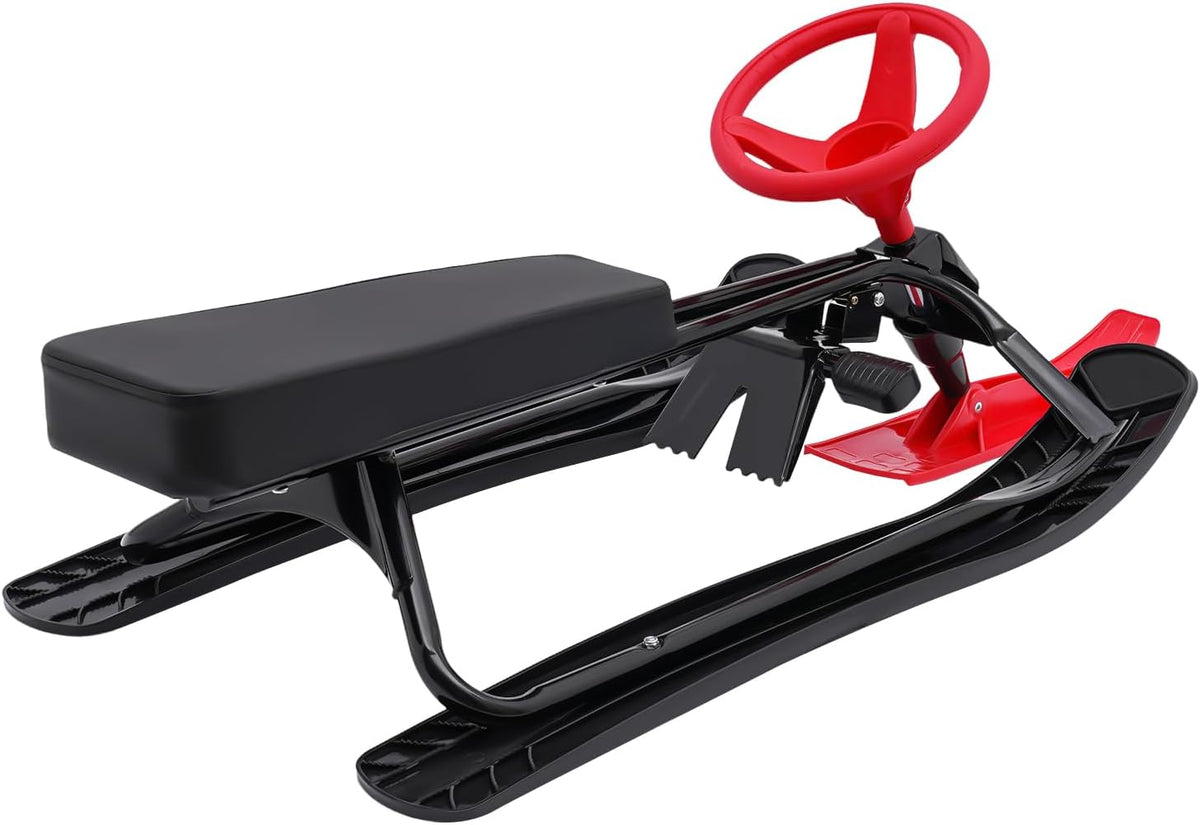Snow Racer Sled, 220Lbs Capacity Ski Sled Slider Board Kids Teens Winter Sport Sled Metal Snow Sand Grass Slider w/Steering Wheel & Double Brakes for Skiing Ice Skating Sand Skating